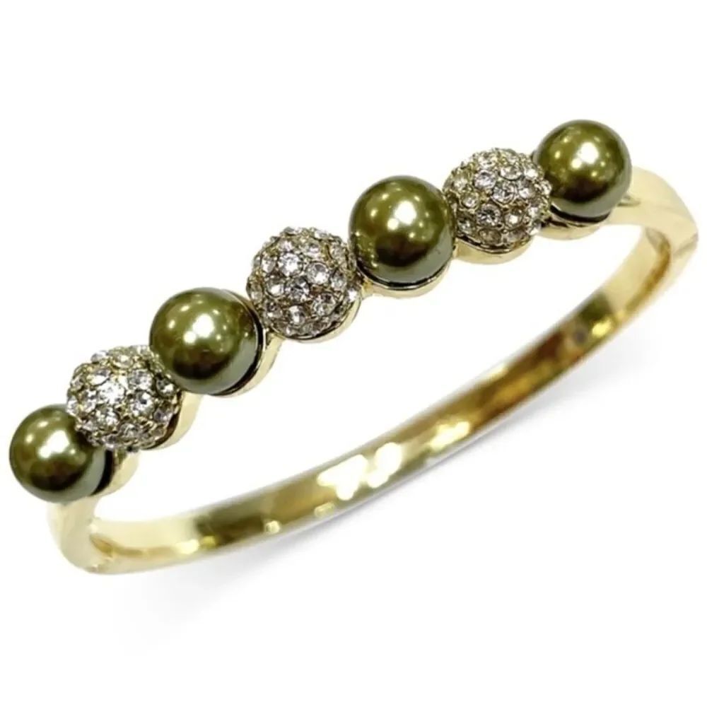 Charter Club Gold-Tone Pavé Fireball & Green Imitation Pearl Bangle Bracelet NWT